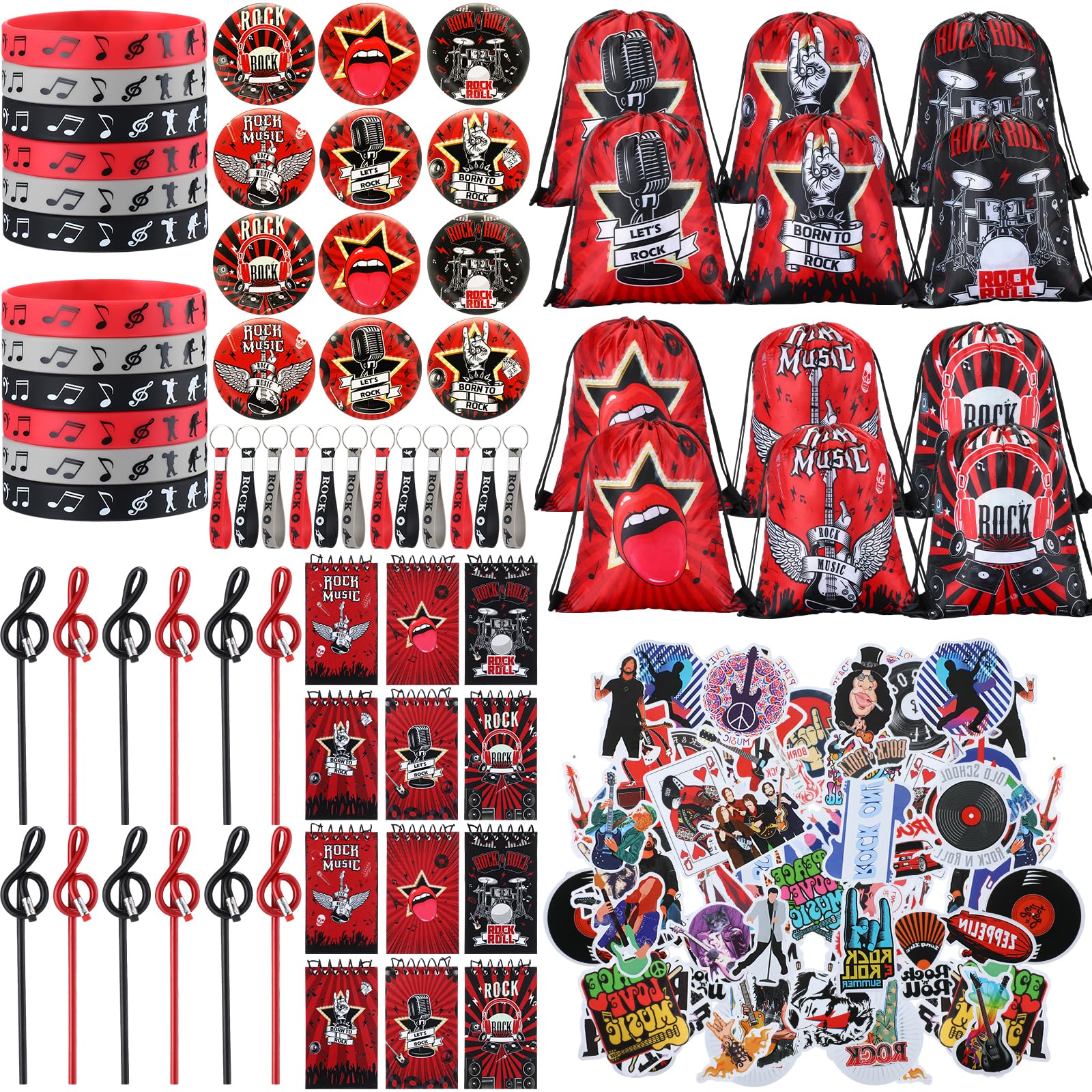 Jexine79 Pcs Rock and Roll Music Theme Party Supplies Include 12 Silicone Bracelets, 12 Keychains, 12 Badges, 12 Pencils, 12 Drawstring Bag, 18 Spiral Notepads, 1 Pack of Musical Stickers