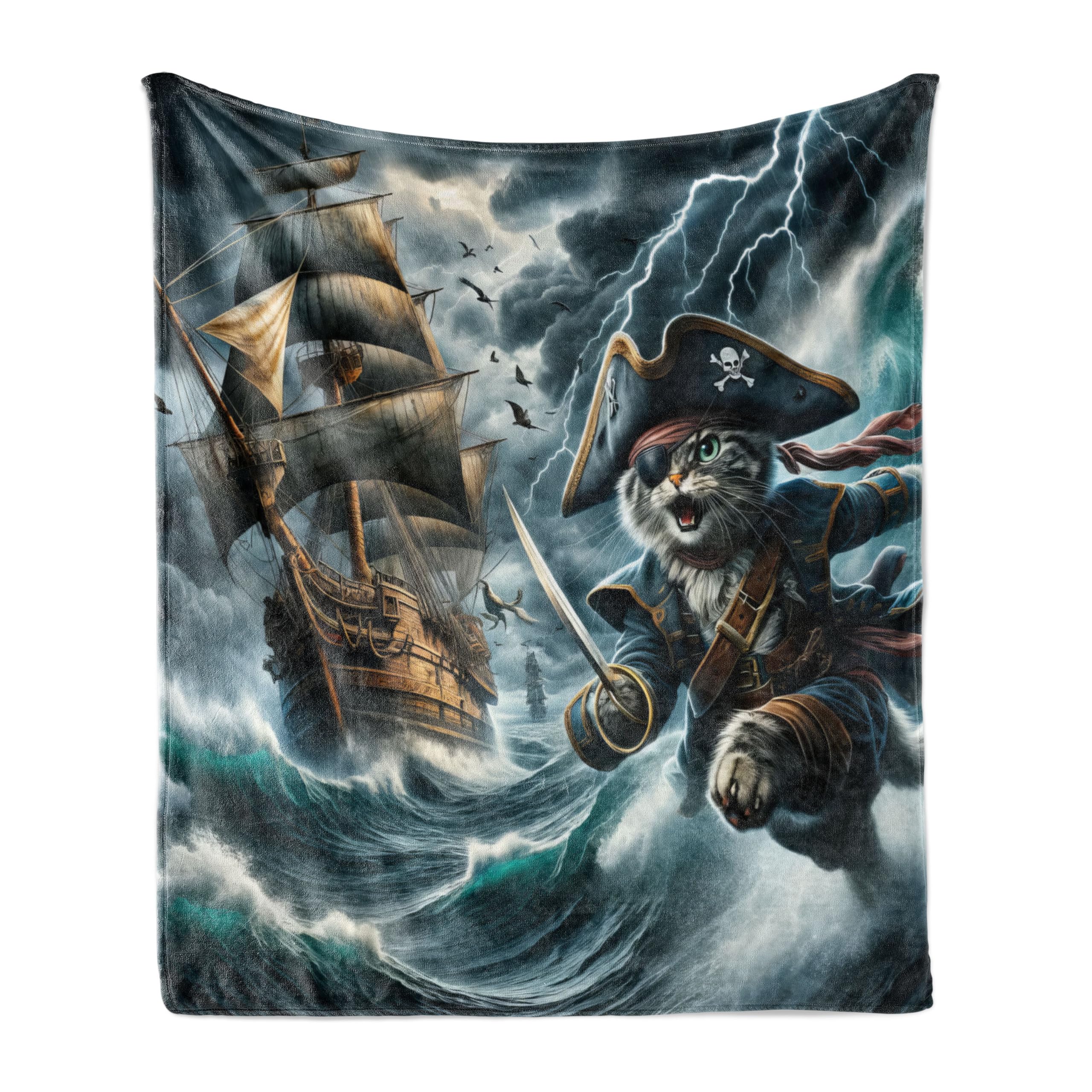 Ambesonne Cat Throw Blanket, Pirate Kitty Character in The Stormy Ocean Waves Adventure Ship Sailing, Flannel Fleece Accent Piece Soft Couch Cover for Adults, 70" x 90", Dark Slate Blue and Amber