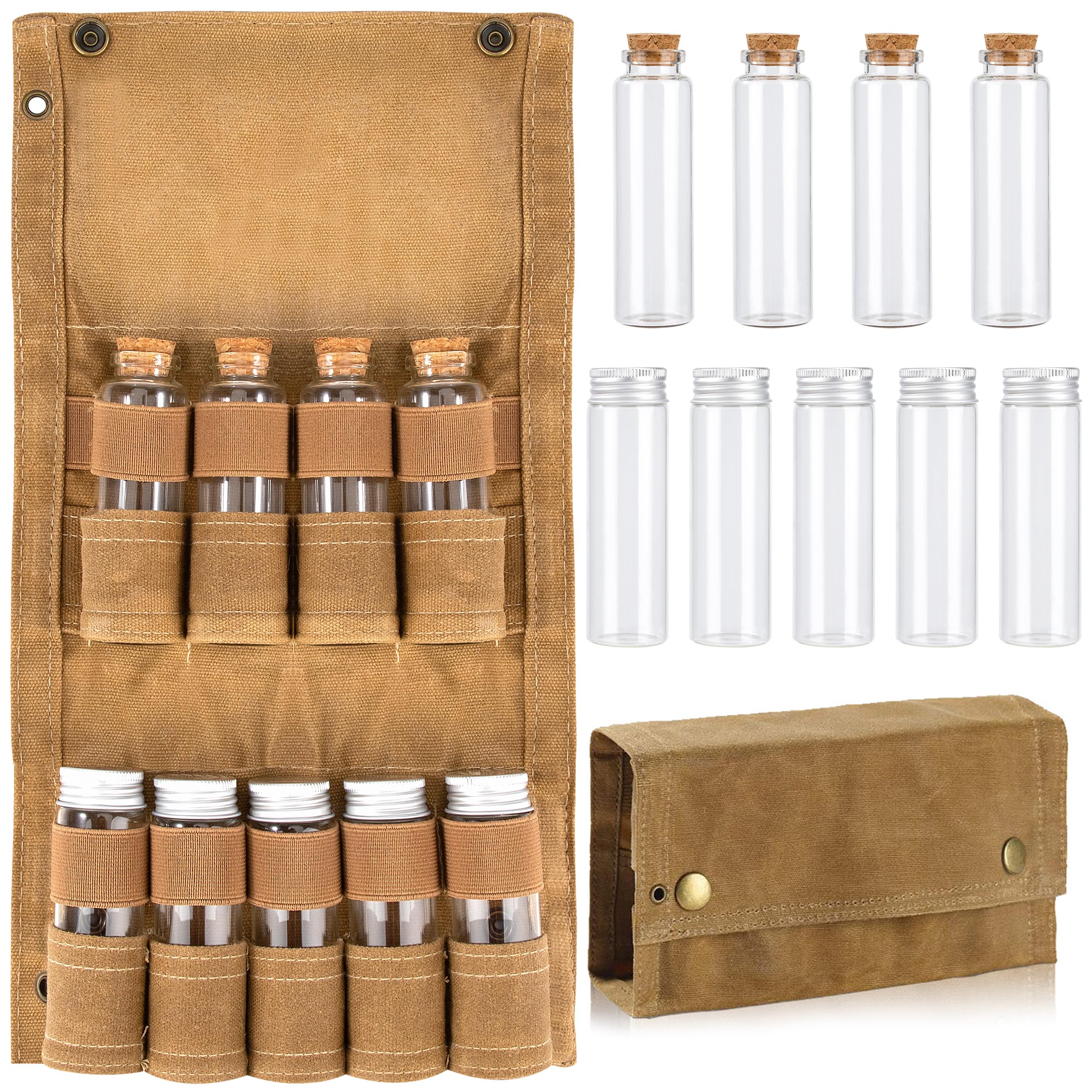 Camping-Gewürz-Set mit 9 Gewürzgläsern Tragbare Gewürztasche aus Segeltuch Gewürz Aufbewahrungstasche Gewürzbehälter-Set für Outdoor Picknick Grillen Khaki