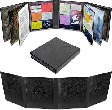 CASEMATIX DM Screen Faux Leather 12-Panel Deluxe GM Screen - Twelve Panel XL Folding Dungeon Master Screen with 4 Swinging Panels and Wet Erase Pockets for TTRPGs - Black, Inserts Not Included