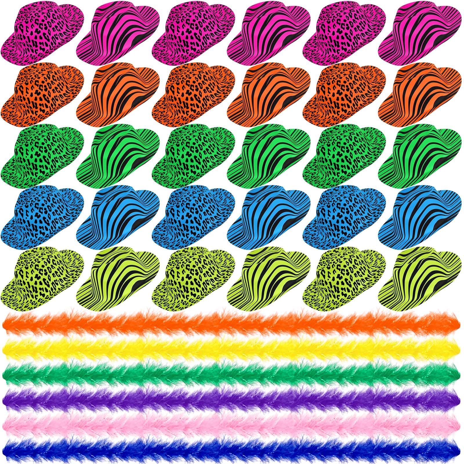 JaGely Paquete de 60 suministros de fiesta de neón que incluyen 30 sombreros de fiesta de plástico con estampado de animales de neón y 30 boas de plumas para cumpleaños, despedida de soltera, carnaval