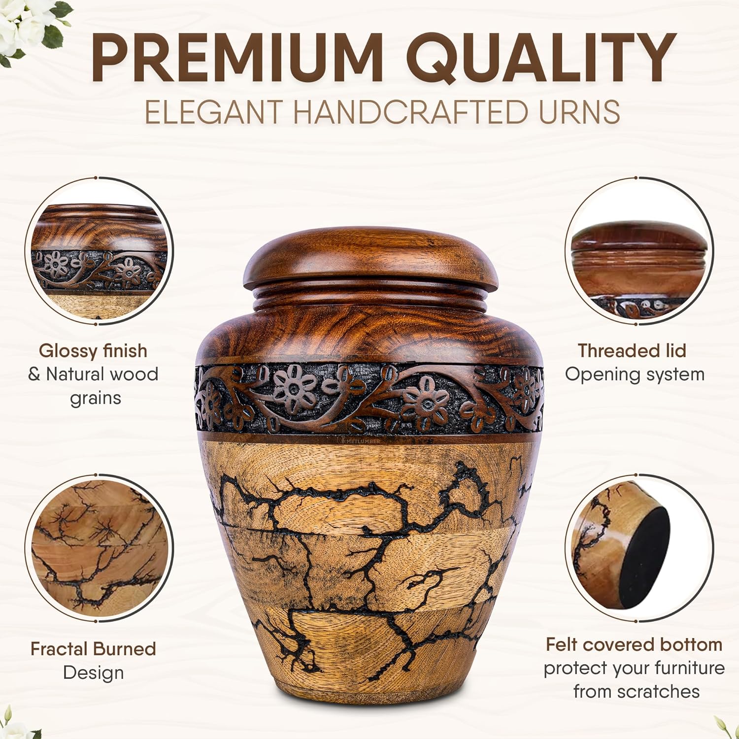 Cremation Urn for Human Ashes Adult Male or Female, Wooden Urn, Hand Carved Memorial, Large Adult Urn, Burial Urn, Wood Turned Casket for Men Women, Funeral Urn for Ashes (Keepsake 15 Cu/in) - Image 4