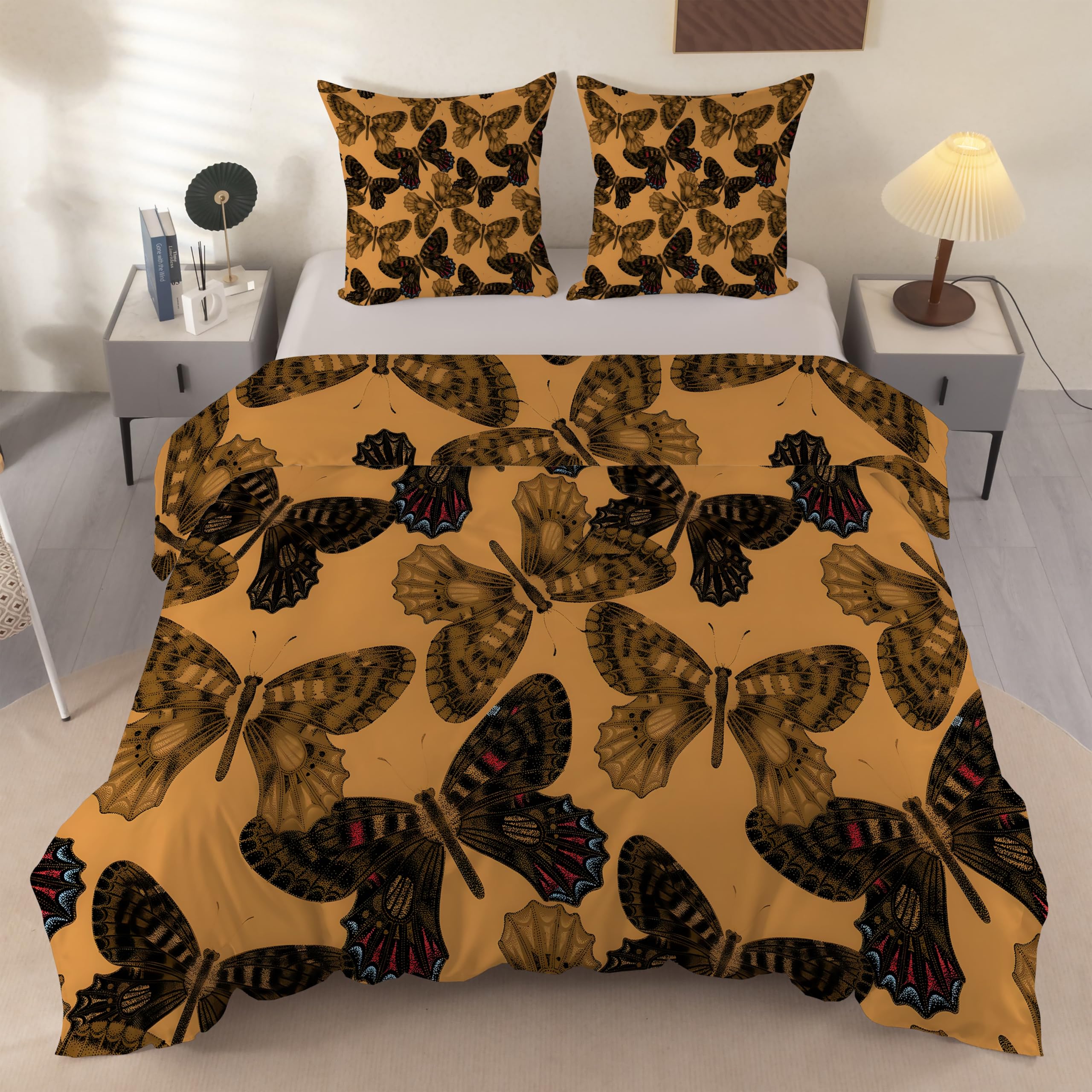 Housse de Couette 240 x 260 Papillon Anti-Plis Parure Lit Microfibre Facile