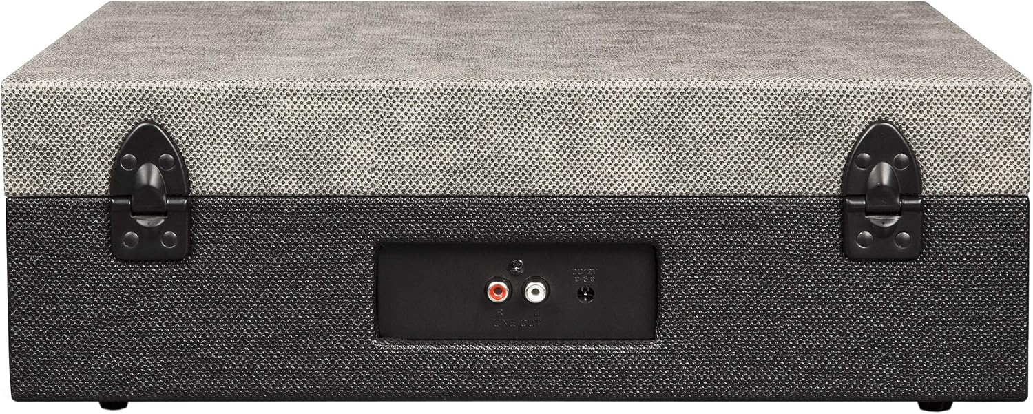 Rear view of the Crosley Momento turntable, showing the RCA output and power input ports.