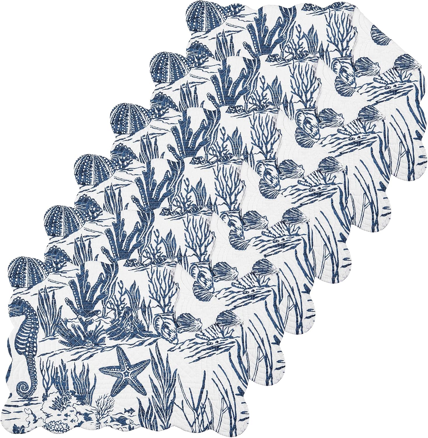 C&F Home Reef Shores Quilted Placemats Set of 6 Placemats Machine Washable Scallop Edge Rectangle Blue & White Seaside Pattern Coastal Nautical Cotton Reversible 13" x 19" Blue