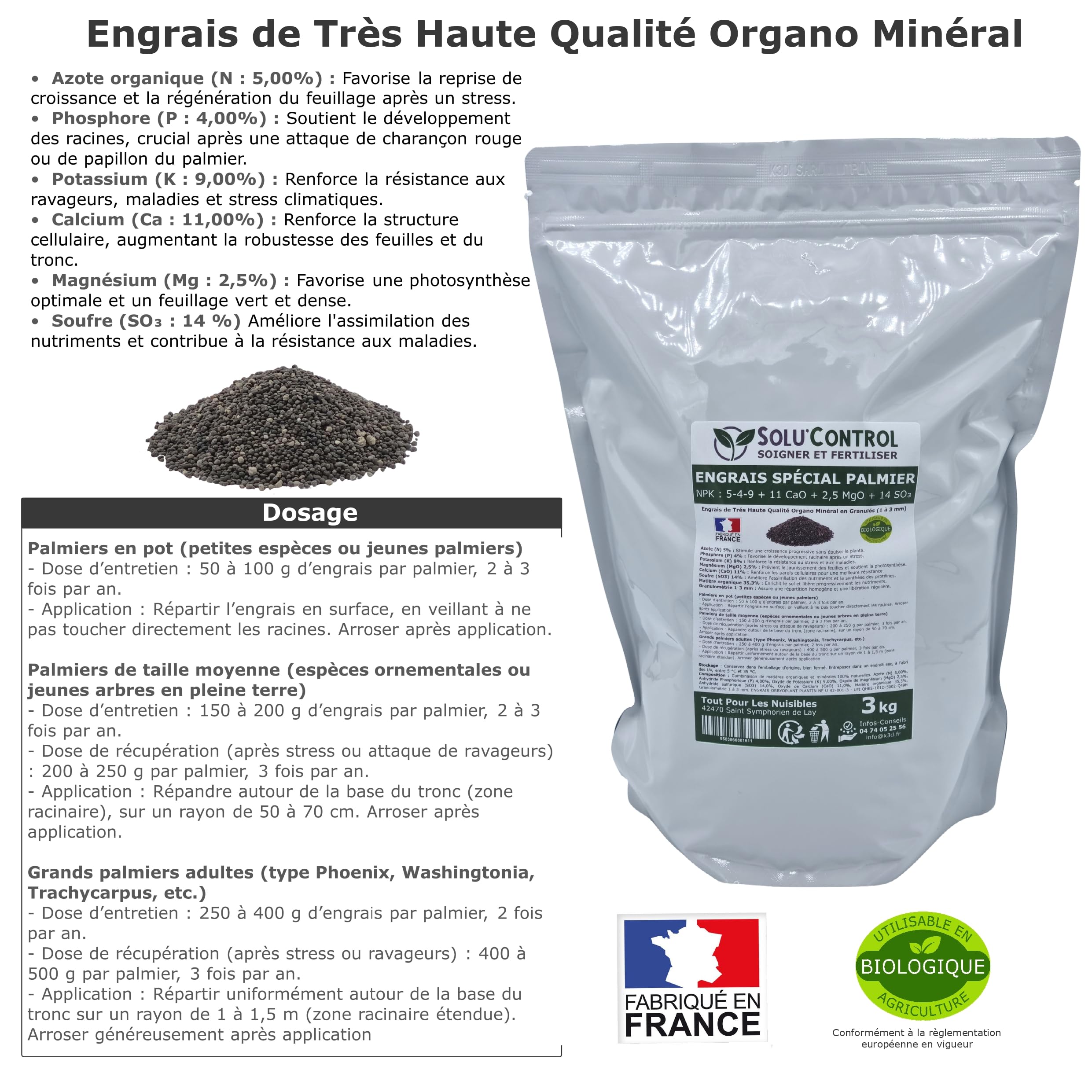Engrais Spécial Palmier 3 kg - SoluControl - Formulation haute qualité Organo-Minerale - Idéal après attaque du charancon rouge ou du papillon du palmier.