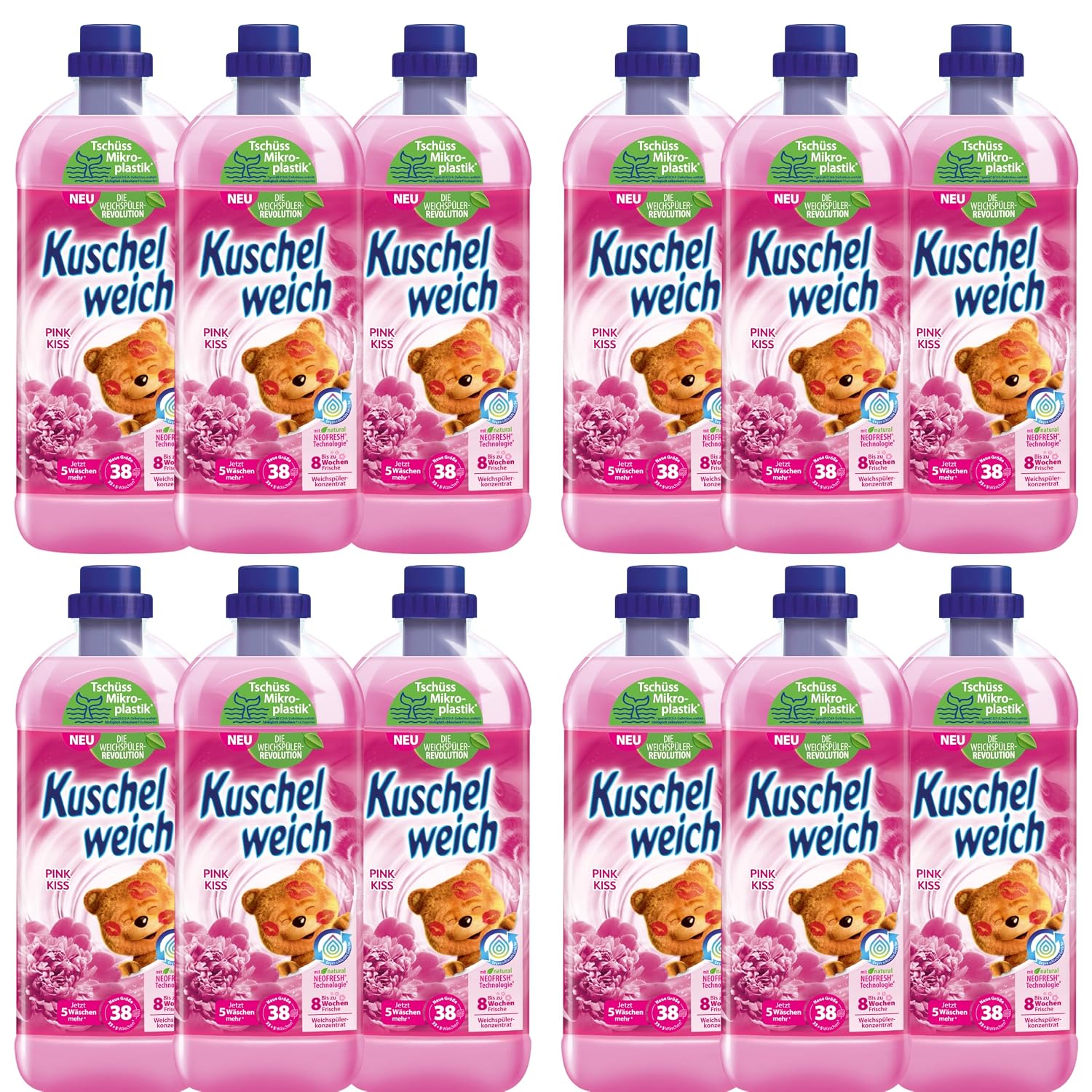 Kuschelweich Pink Kiss Fabric Softener, Skin Compatibility Dermatologically Confirmed, Fabric Softener without Microplastics, Practical Pack, 12 x 1 Litre, Each Bottle Suitable for 38 Wash Loads Kuschelweich Pink Kiss Fabric Softener, Skin Compatibility Dermatologically Confirmed, Fabric Softener without Microplastics, Practical Pack, 12 x 1 Litre, Each Bottle Suitable for 38 Wash Loads