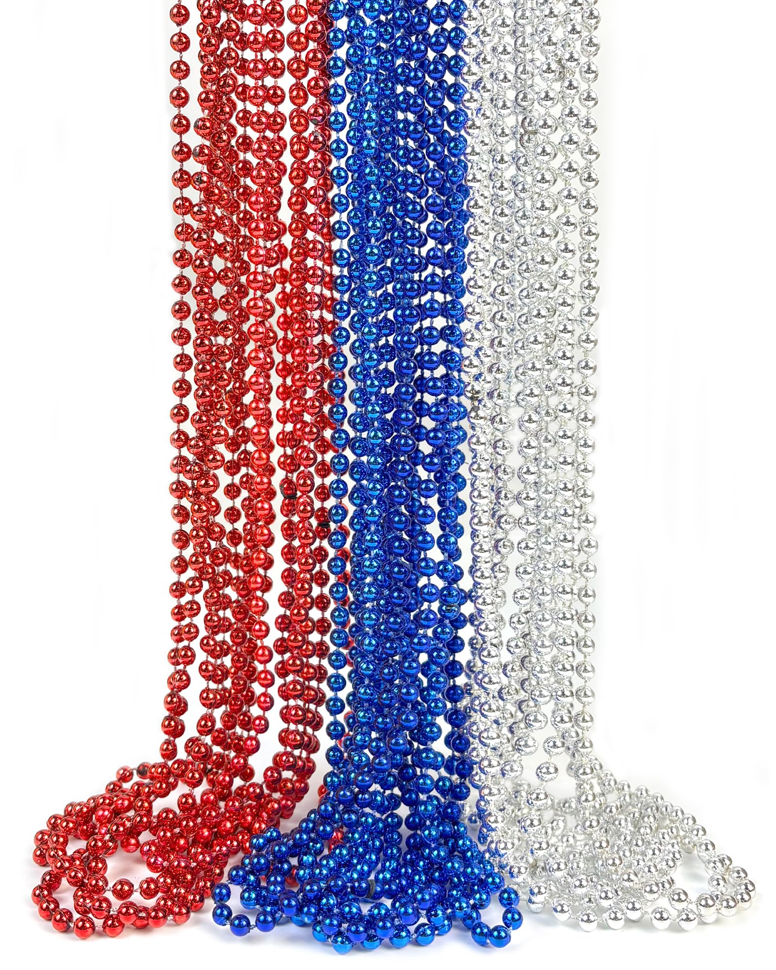 Red Blue Silver Beads Necklaces Patriots Day Metallic Bead for 4th of July Independence Day Party Decoration for Fourth of July Party, Memorial Day, Veterans Day Parade, Carnival Decorations or Favors