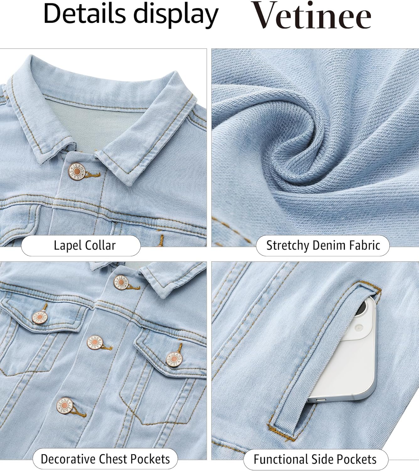 Vetinee Cropped Jean Jacket Women Trendy Button Down Lightweight Slim Fit Short Trucker Stretchy Denim Jackets Shackets - Image 5