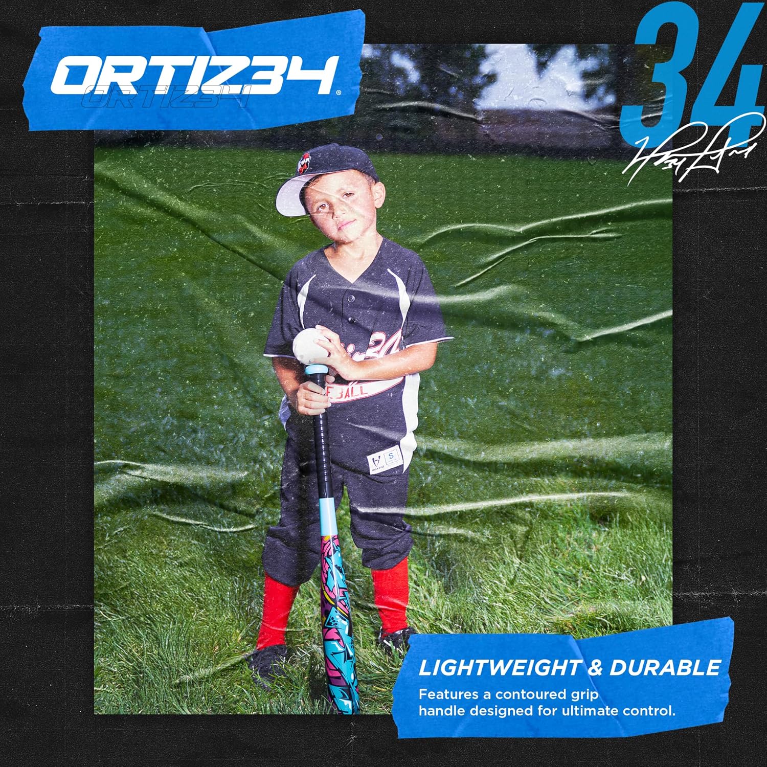 Ortiz34 Bat & Ball Set - Graffiti Plastic Bat & Ball Homerun Set- David Ortiz Backyard Baseball Set for Youth, Kids, Teenagers, Adults (Bat & Ball Set, Blue)