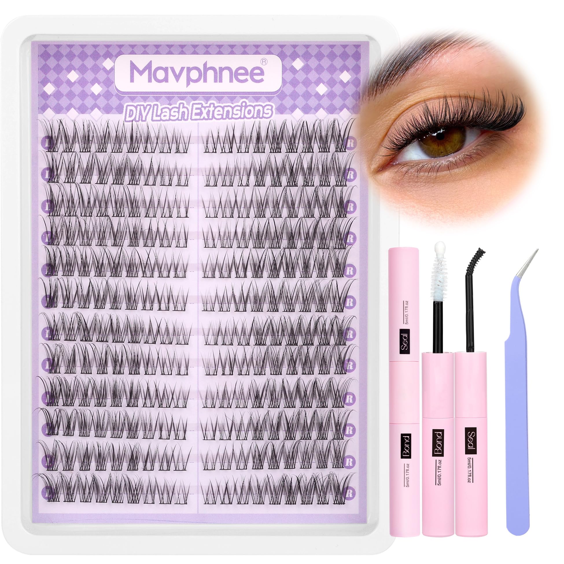 Cat Eye Lash Clusters Kit Natural Lash Extensions Kit 216 Pcs Wispy Cluster Eyelash Extensions C Curl Inidvidual Lashes Kit with Lash Bond and Seal and Tweezers by Mavphnee