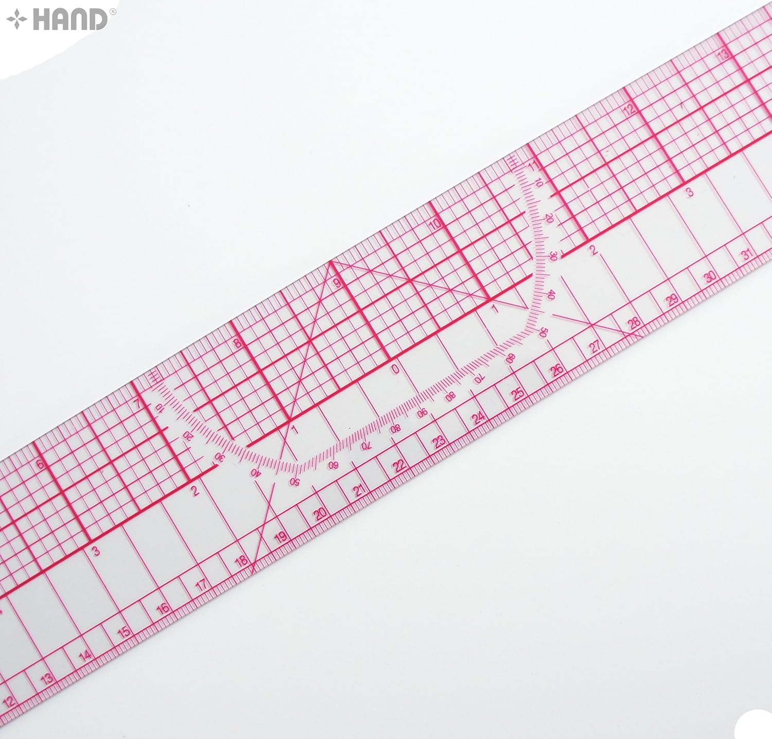 Close-up of the ruler's central protractor and grid markings.