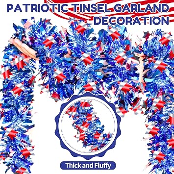 66FT 4th of July Patriotic Tinsel Garland, Red White Striped Star Tinsel Garland Patriotic Ornaments for Memorial Day Independence Day Indoor Outdoor Home Party Decor