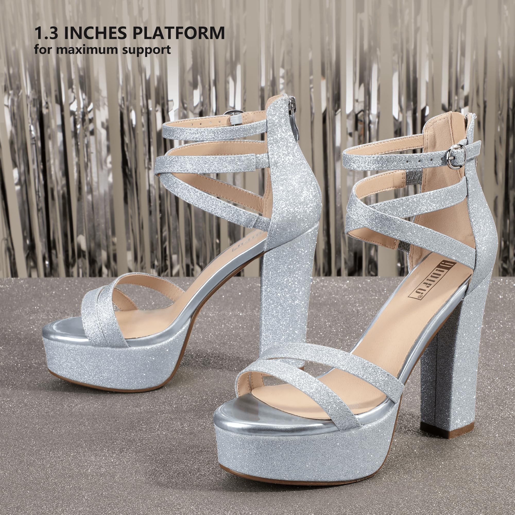 IDIFU Women's Platform Chunky High Heels Dress Sandals Open Toe Ankle Strap Strappy Wedding Bridal Party Dance Shoes For Women Bride: 8.5 M Silver Shiny
