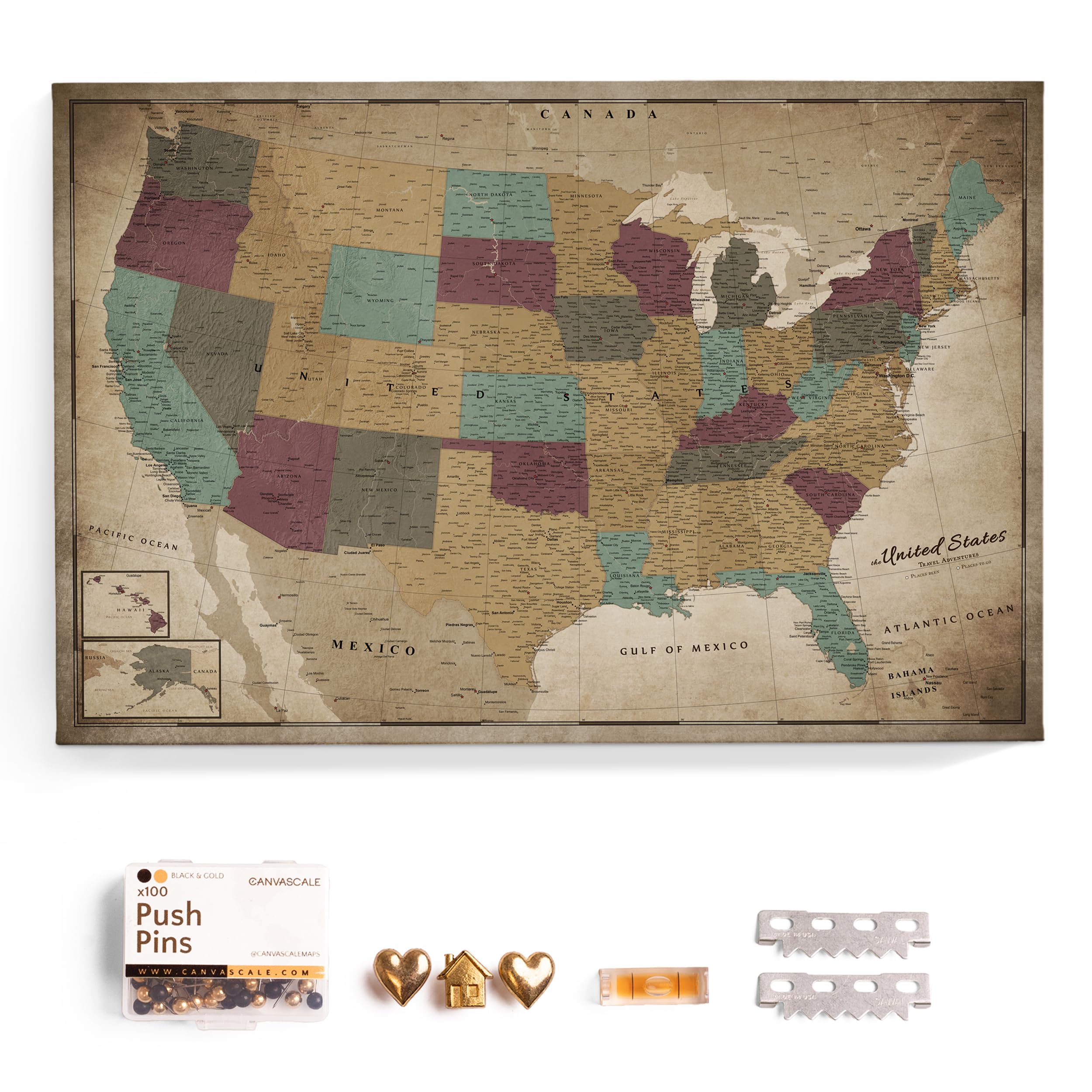USA Map Canvas Wall Art with Cork Pin Board – Decorative Push Pin Travel Map for Home, Office, Living Room, Bedroom (70x50cm - Pattern 12)