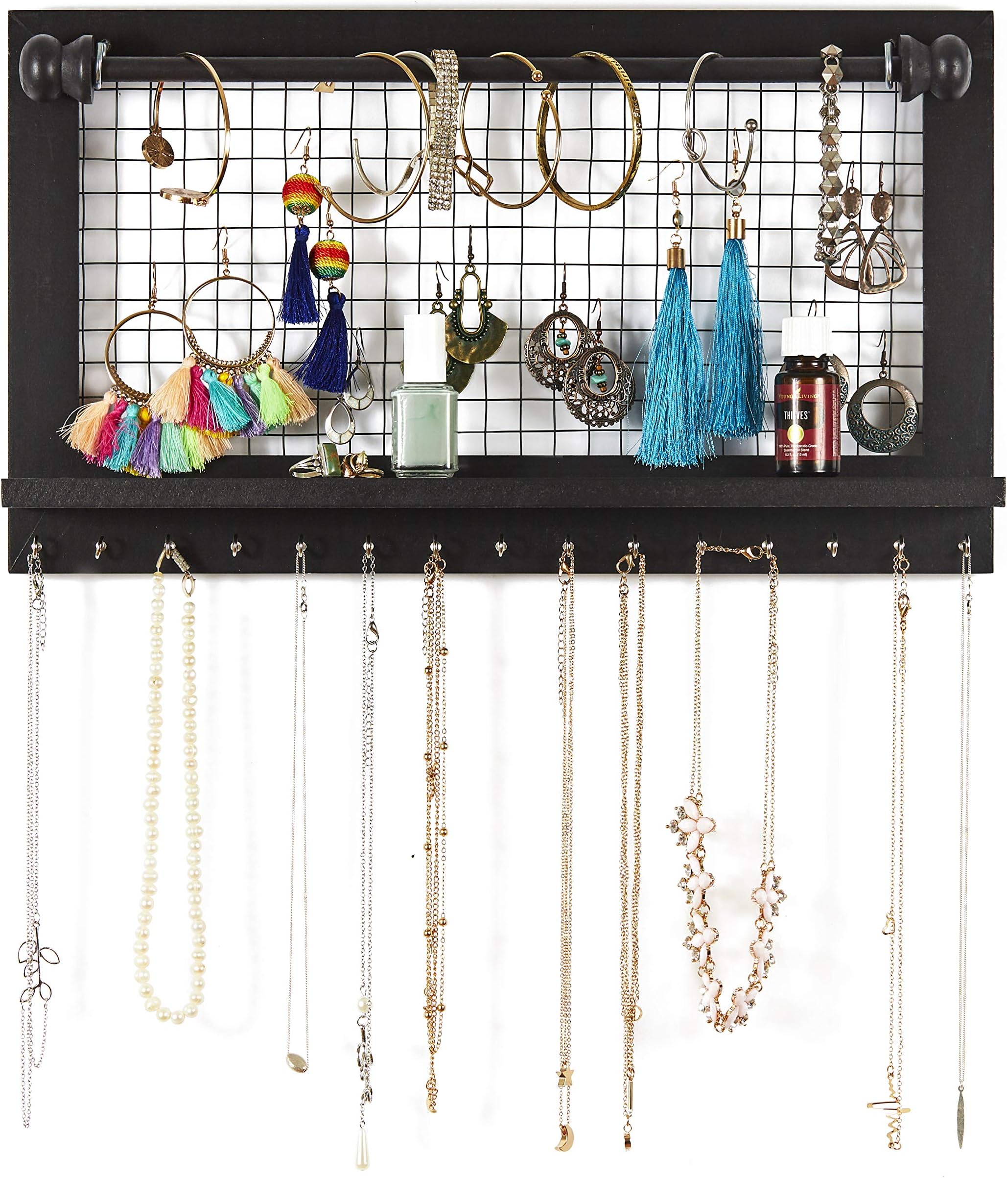 Espresso Jewelry Organizer with Removable Bracelet Rod from Wooden Wall Mounted Holder for Earrings Necklaces Bracelets and Other Accessories