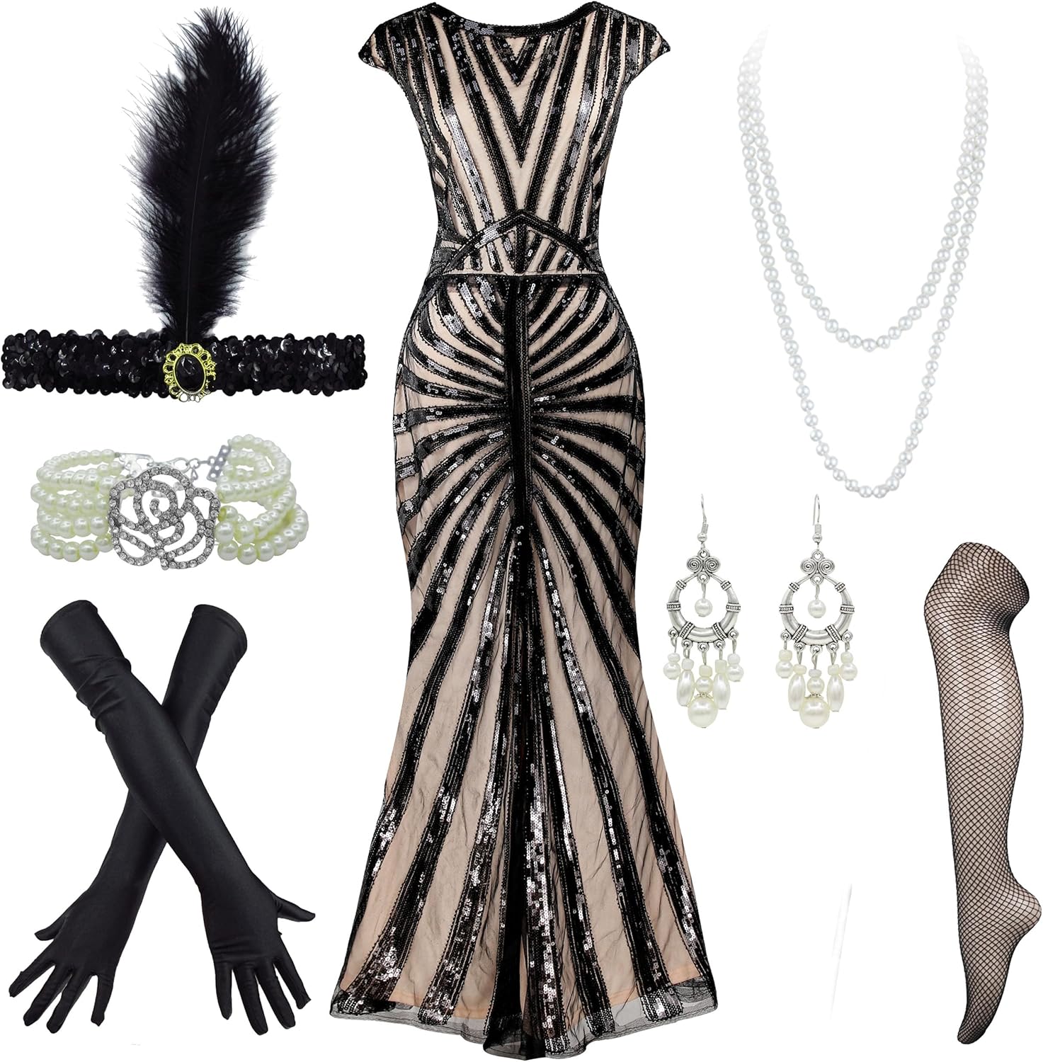 IWIWB Women 's 1920s Sequin Gatsby Maxi Long Evening Dress with Accessories Set