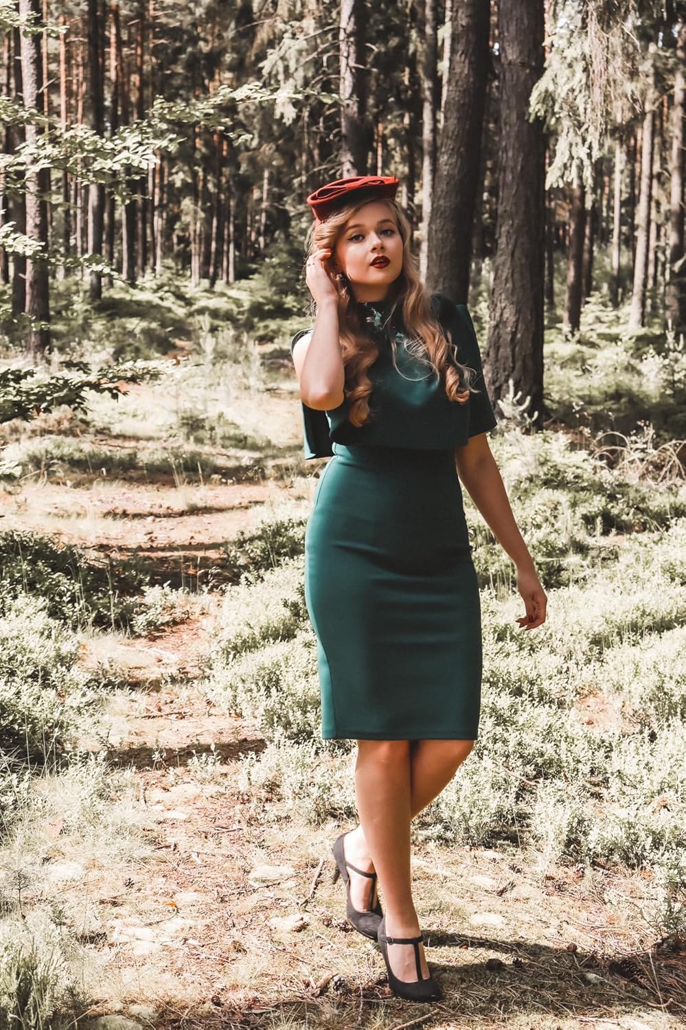 AISIZE Women's Vintage 1940s Half Collar Batwing Cape Party Pencil Dress - Image 6