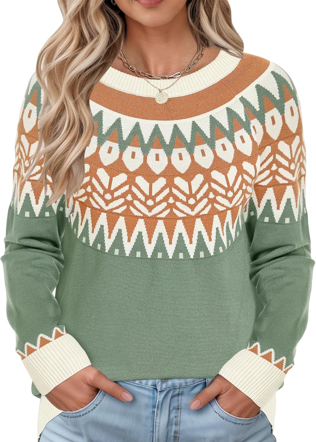 LOMON Womens Casual Lightweight Vintage Fair Isle Sweater Raglan Sleeve Crew Neck Knitted Pullover Comfy Warm Fall Tops