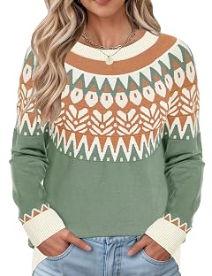 LOMON Womens Casual Lightweight Vintage Fair Isle Sweater Raglan Sleeve Crew Neck Knitted Pullover Comfy Warm Fall Tops