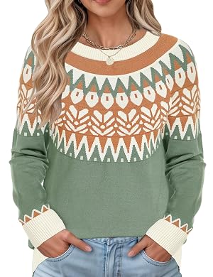 LOMON Womens Casual Lightweight Vintage Fair Isle Sweater Raglan Sleeve Crew Neck Knitted Pullover Comfy Warm Fall Tops