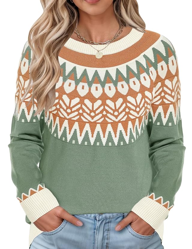 LOMON Womens Casual Lightweight Vintage Fair Isle Sweater Raglan Sleeve Crew Neck Knitted Pullover Comfy Warm Fall Tops