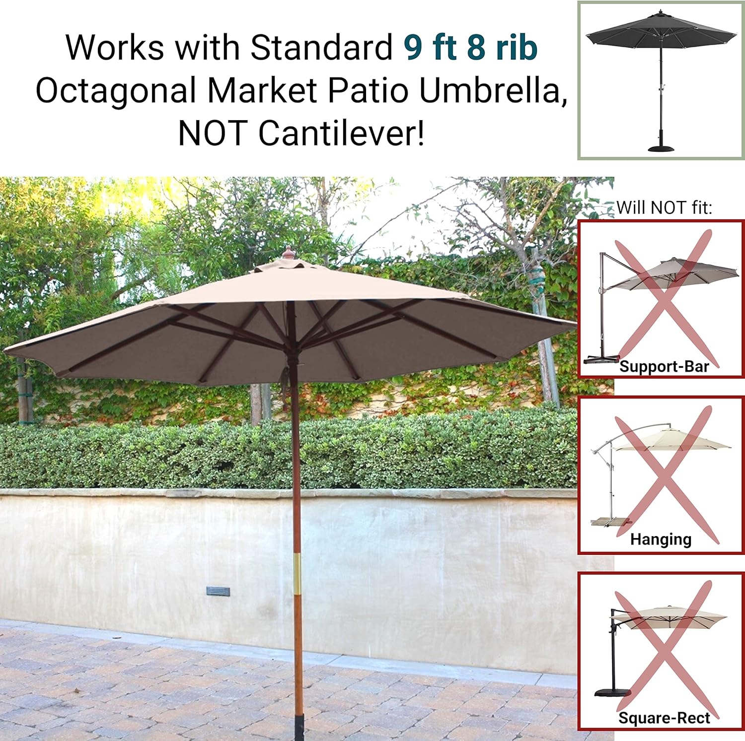 Formosa Covers - 9ft Market Patio Umbrella Replacement Canopy - 8 Ribs Top Canvas - 300D UV Protective and Water Resistant Umbrella Fabric - Premium Quality Replacement Canopy Cover ONLY (Taupe)