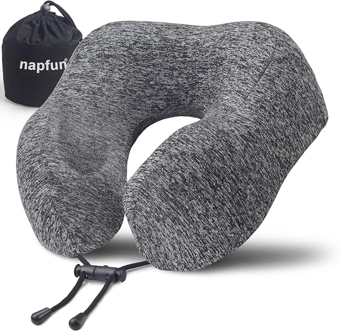 napfun Neck Pillow for Traveling, Upgraded Travel Neck Pillow for Airplane 100% Pure Memory Foam Travel Pillow for Flight Headrest Sleep, Portable Plane Accessories, Light Grey