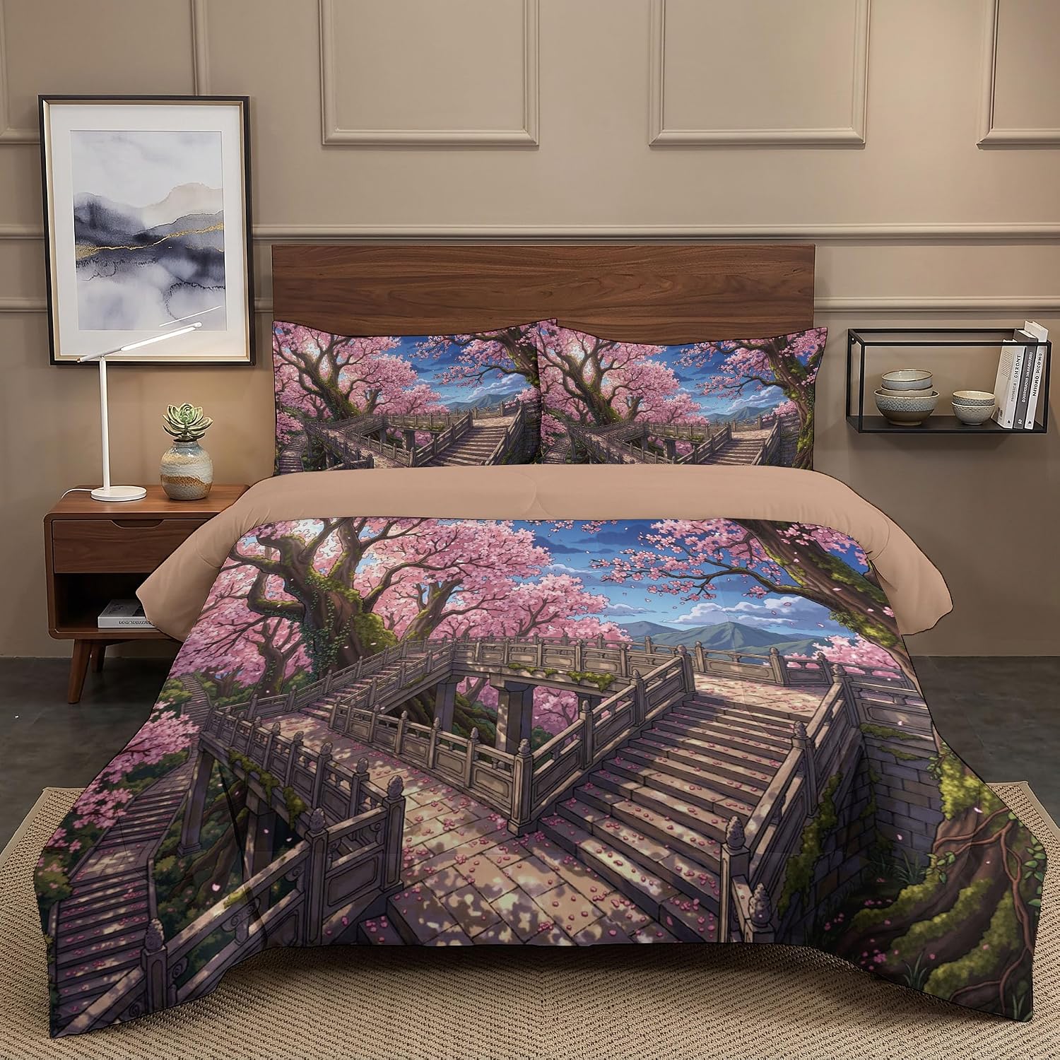 Japanese Romance Comforter Set King Size, Cherry Blossom Bridge Bedding Set for Girls Boys, Pink Quilt Bed 104"X90" Bedding Comforter Sets with 2 Pillowcase Room Decor