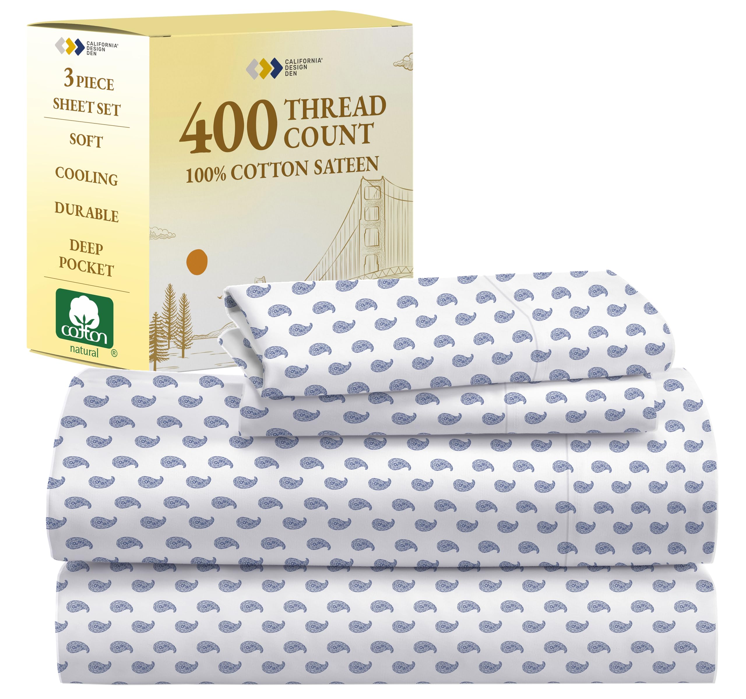 California Design Den Deep Pocket Twin Sheets Set - 400 Thread Count Sateen, Natural 100% Cotton Sheets, and Durable Bedding Set - Paisley Blue