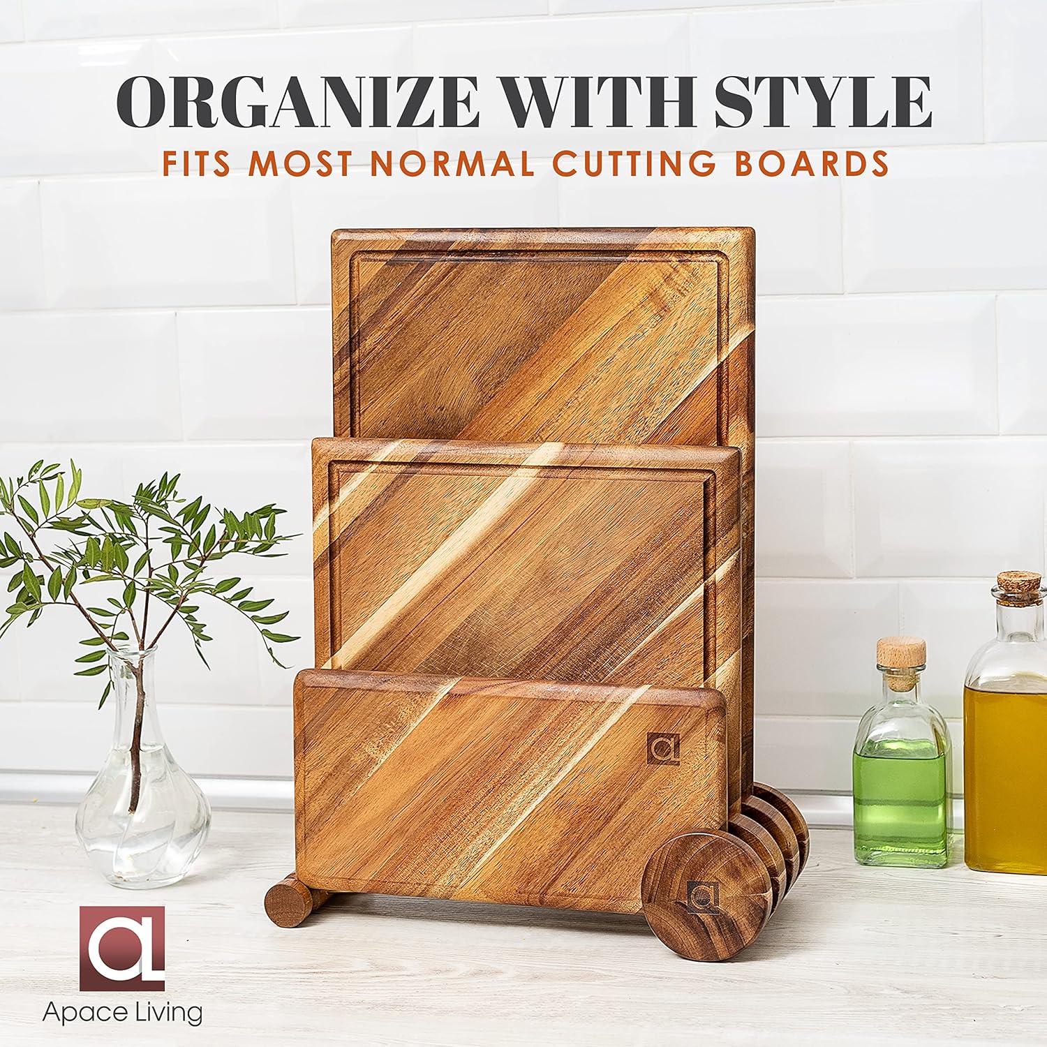 Premium Wood Cutting Board Organizer - Solid Acacia Wood Cutting Board Holder Stand w/Brass - Kitchen Chopping Board Rack by the Apace Living Premier Collection