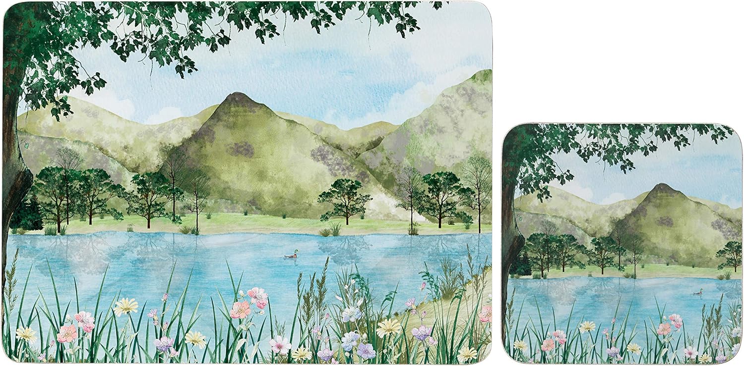 Set of 4 (8pc) Lake Scene Cork Placemats & Coasters Set, Cork Backed