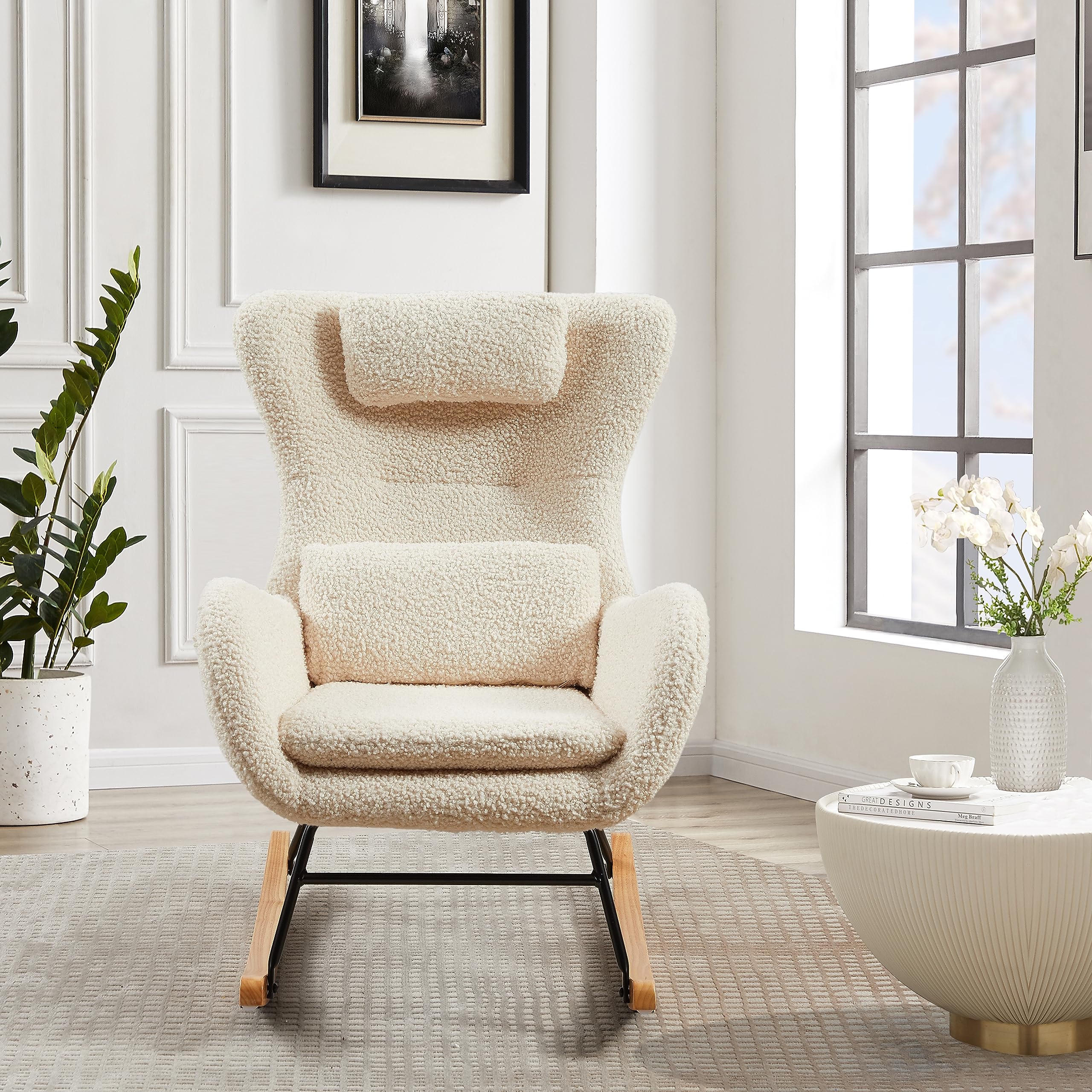 Fauteuil à Bascule Allaitement Scandinave Chaise Loisir et Repos en Tissu avec Pieds en Bois Métal pour Salon, Chambre, Nurserie Beige