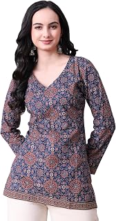 MEERA FAB Women's Floral Printed Cotton Short Top | Ikkat Printed Top Cut Sleeves | Short Kurti for Women Price In India