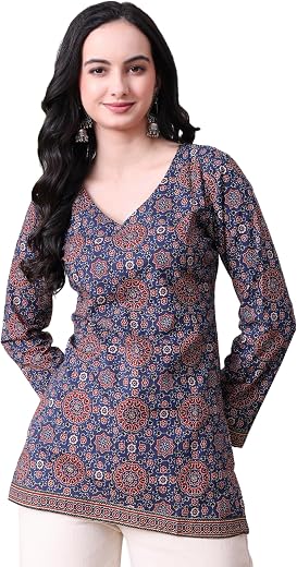MEERA FAB Women's Floral Printed Cotton Short Top | Ikkat Printed Top Cut Sleeves | Short Kurti for Women
