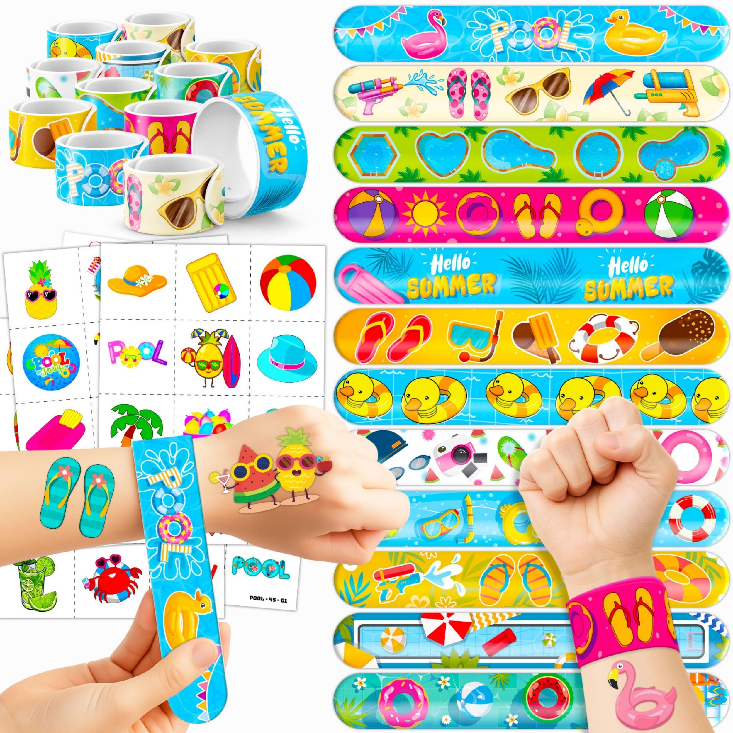 72PCS Pool Beach Summer Party Favors Decorations, Tattoos &amp; Slap Bracelets