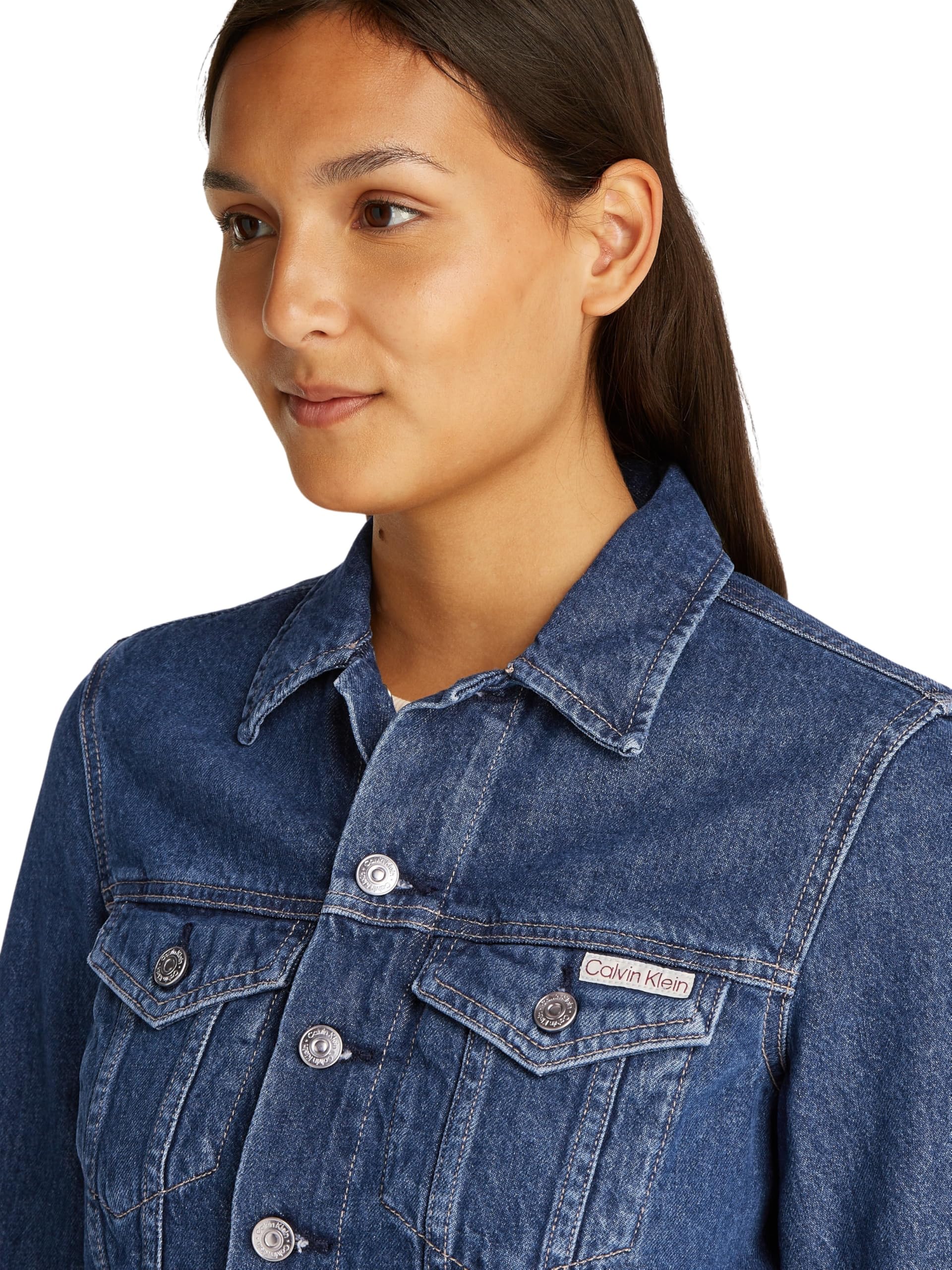 Calvin Klein Donna Giacca in Jeans Cropped 90’S Denim Trucker con Taschini sul Petto