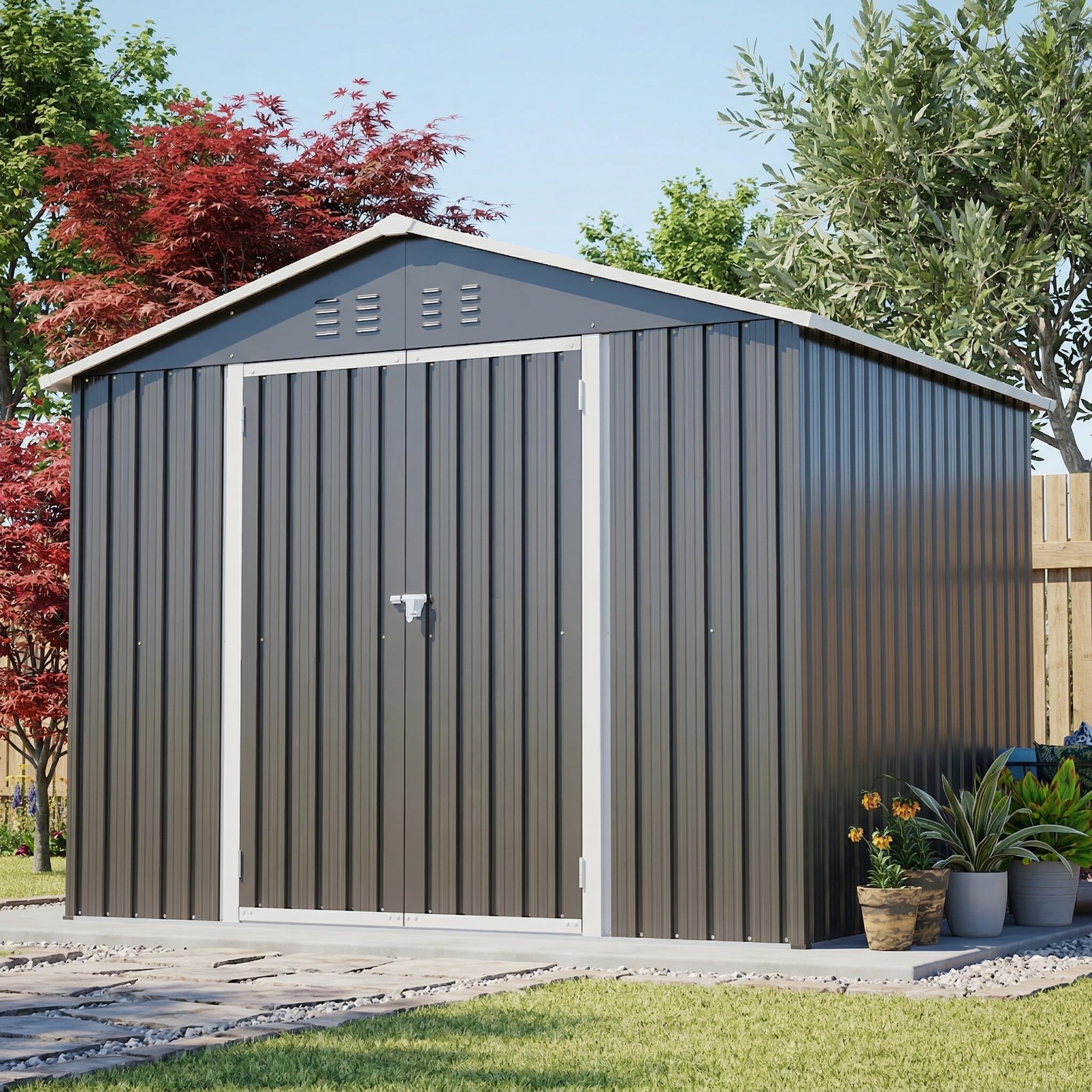 Caseta de Jardín Metálica 300x252x191cm Tejado a Dos Aguas con Marco de Cimentación - Cobertizo Exterior Resistente a la Intemperie para Herramientas Bicicletas Muebles - Antracita 6.91m² — view 10