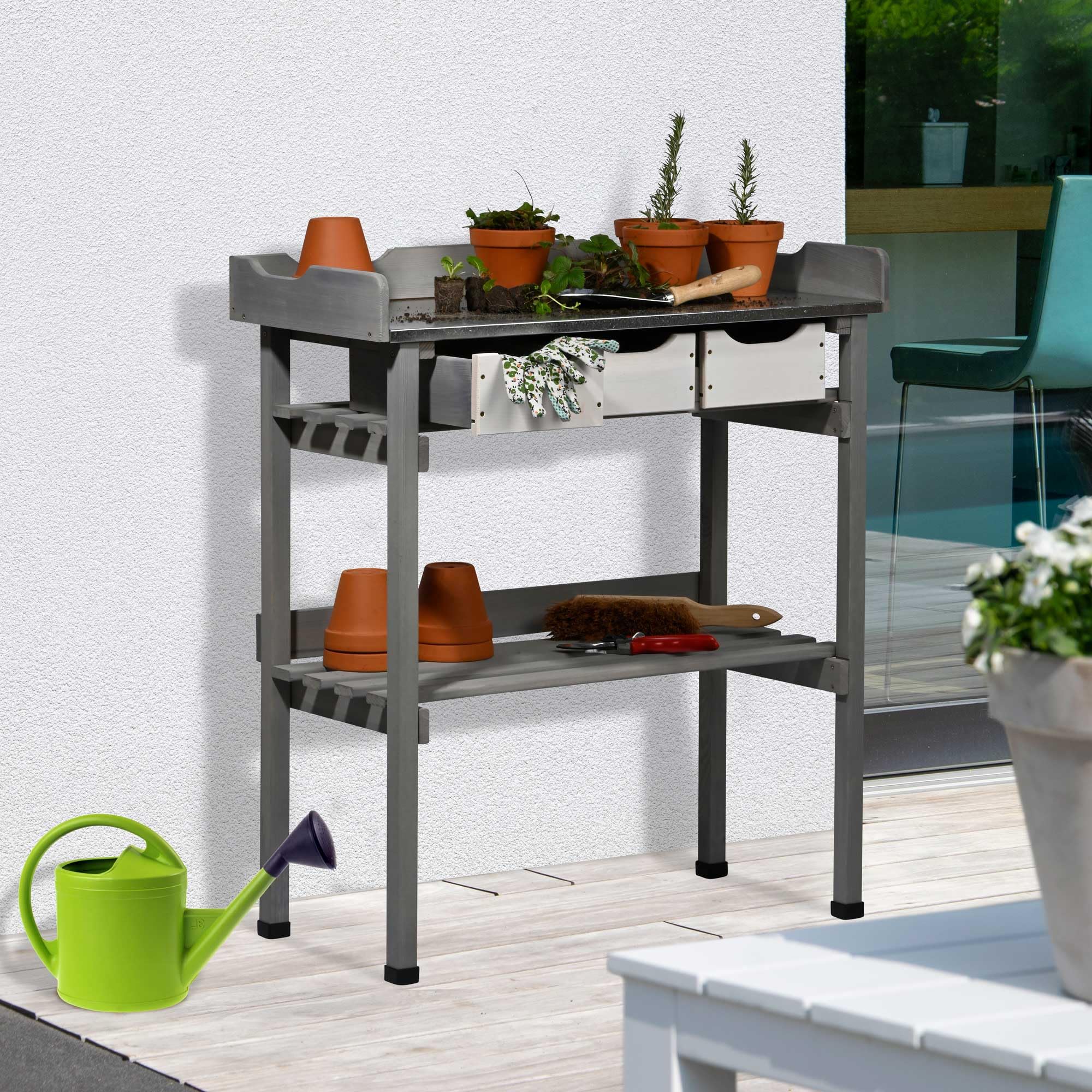 dobar® Tavolo per piante con 3 cassetti e ripiano, in legno massello con tappi di protezione, tavolo da giardino per esterni, con piano di lavoro zincato, 78 x 38 x 88 cm, colore: grigio/bianco