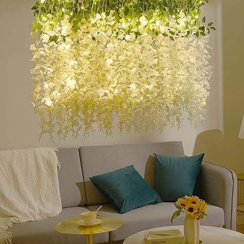 Miniatura 5 de BLEUM CADE 10 flores colgantes de glicina blanca con luces, 3.6 piesunidad, flores de glicina falsas, guirnalda de glicina artificial colgante para