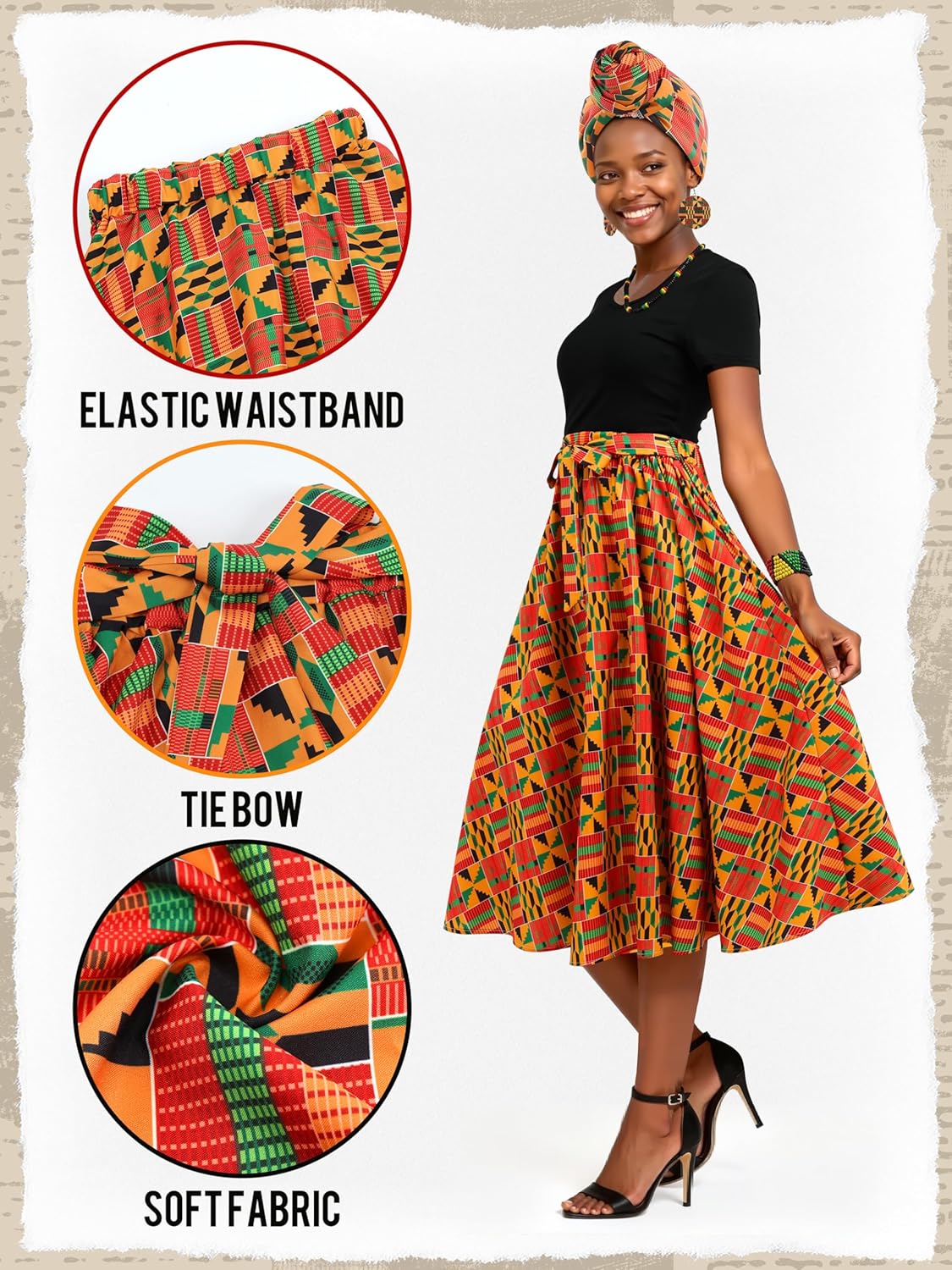 SOMSOC 6 Pcs Women African Attire Printed Skirt Shirt Dashiki Traditional Costume Head Wrap Earrings Necklace Bracelet - Image 4
