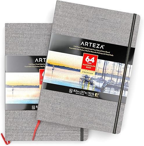 ARTEZA Libro de acuarela, paquete de 2, 64 páginas cada uno, diario de acuarela de 8.3 x 11.7 pulgadas, libro de acuarela de 110 libras/8.11 oz/m²
