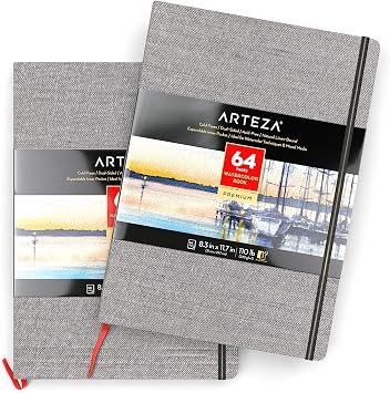 ARTEZA Watercolor Books, Pack of 2, 8.3 x 11.7 Inches, 64 Pages Each, 110 lb / 230 GSM, Cold Press, Dual-Sided, Acid-Free Linen-Bound Hardcover Books for Watercolor and Mixed Media