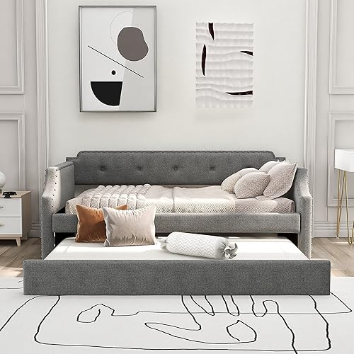 Miniatura 3 de Cama nido tapizado de tamaño individual, sofá cama con marco de sofá cama para dormitorio, sala de estar, habitación de invitados, soporte de