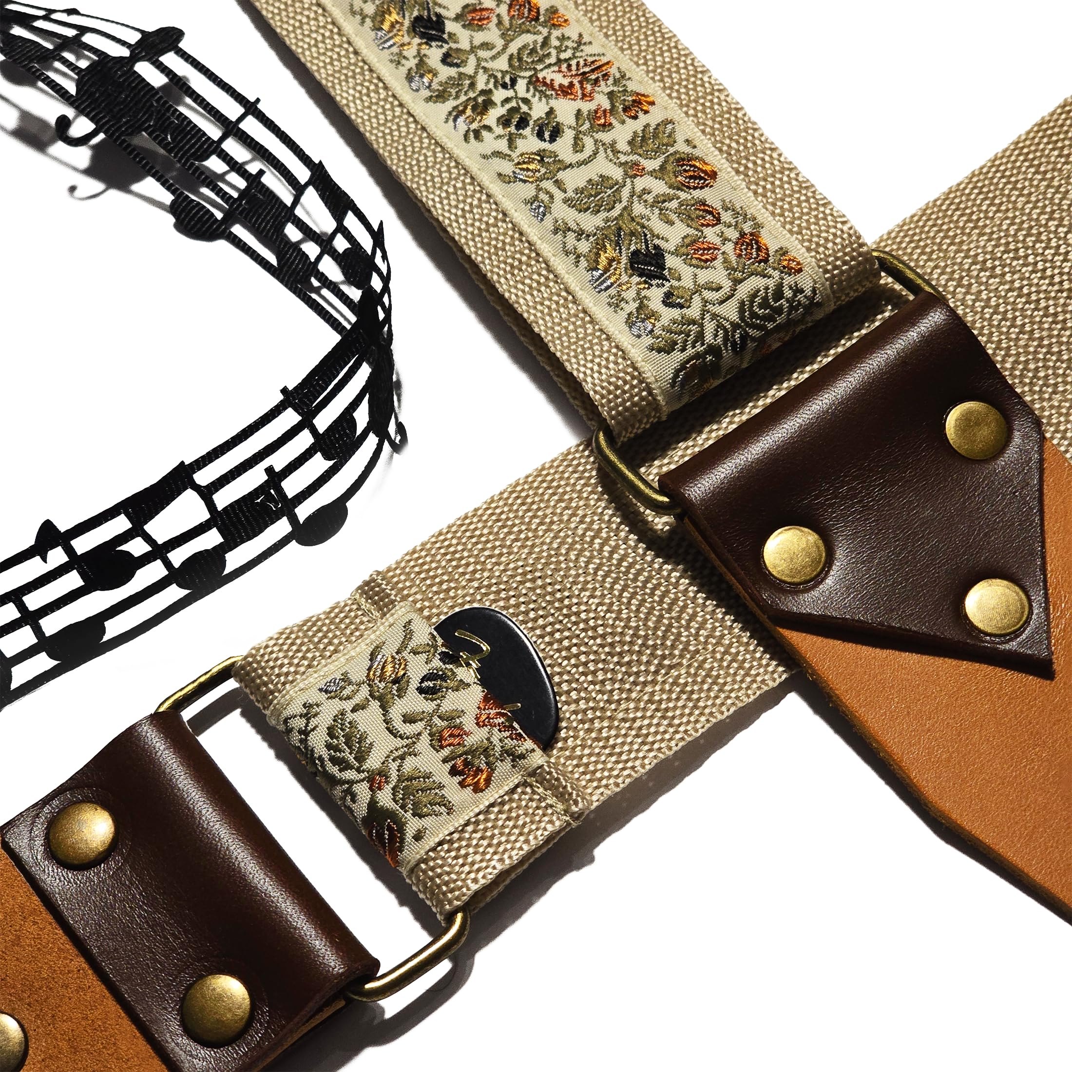 BigBo Floral Gitarrengurt Creme Gitarrengurt mit Plektrumhalter Beige Gurt E-Gitarrengurt Lederenden Vintage Design Blumen