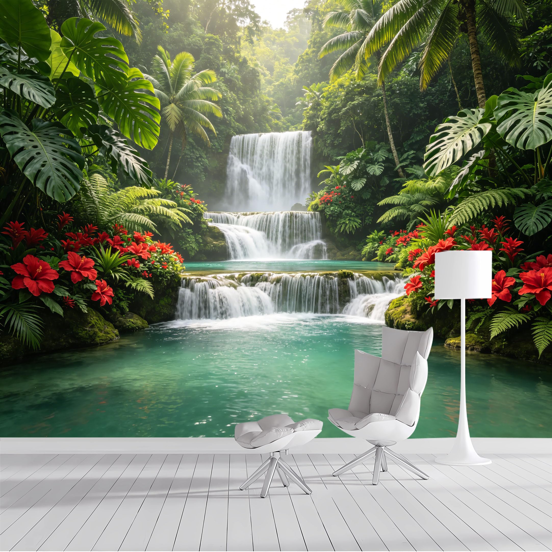 Custom Size Wall Mural Tropical Waterfall Jungle Paradise Botanical Landscape Nature Scenery SelfAdhesive Wall Fabric Removable Peel and Stick Wallpaper for Living Room Bedroom Bathroom