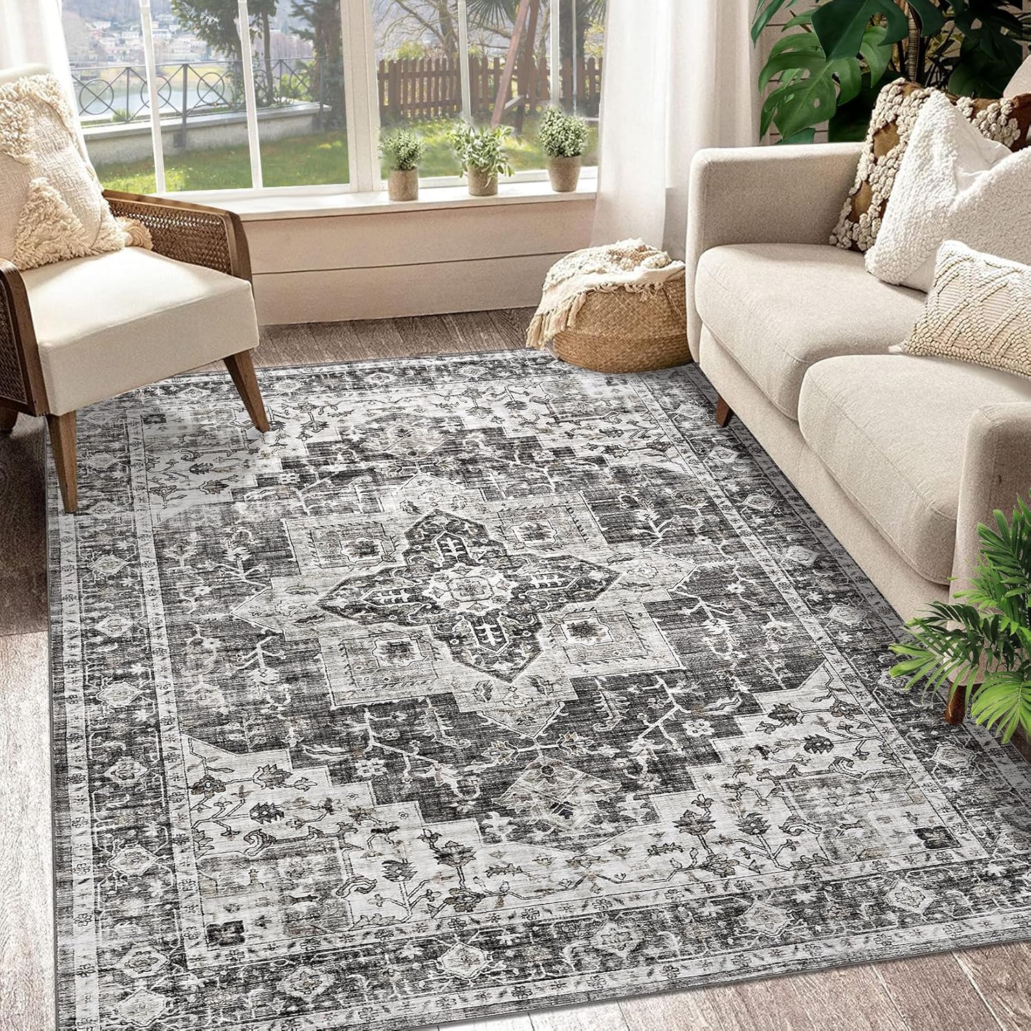 GAOMON 8x10 Area Rug Vintage Distressed Machine Washable Area Rug for Living Room Bedroom Traditional Medallion Non-Slip Stain Resistant Accent Rug Carpet for Home Decor Floor Decoration, Grey