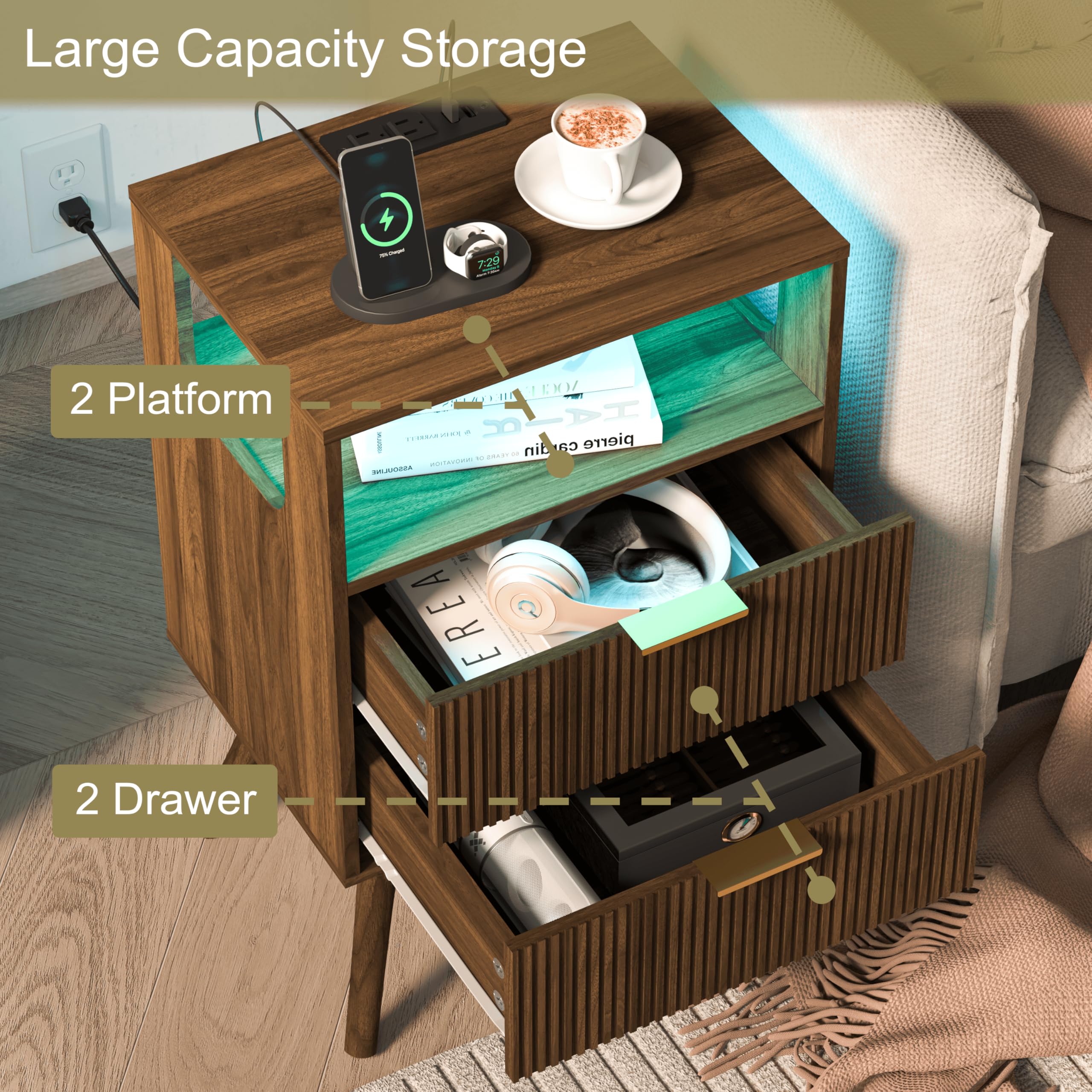 HOOBRO Comodino con Stazione di Ricarica, Tavolino Moderno con 2 Cassetti e Ripiano Aperto, Tavolino da Divano, Adatto per Camera da Letto e Soggiorno, Bianco e Oro EDW89CBZ01N1