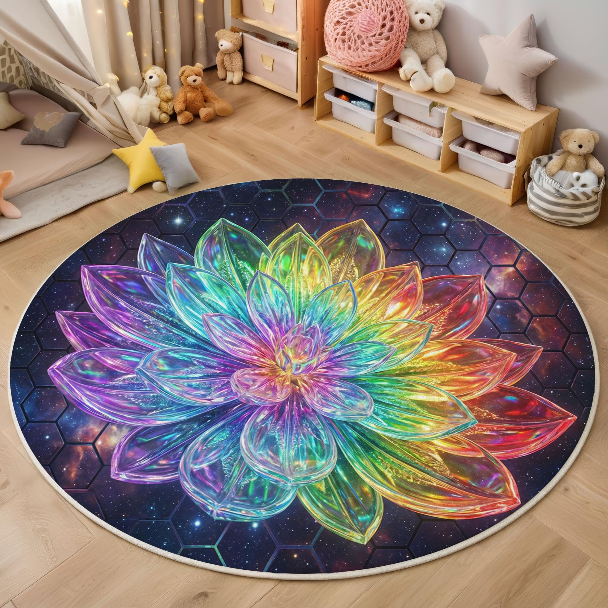 Tapis Rond 100cm Lotus De Cristal Arc-en-Ciel pour Chambre, Géométrie Cosmique Onirique Rond Tapis Antidérapant Lavable en Machine Cuisine Salon Adulte Interieur Bureau Cuisine Decoration