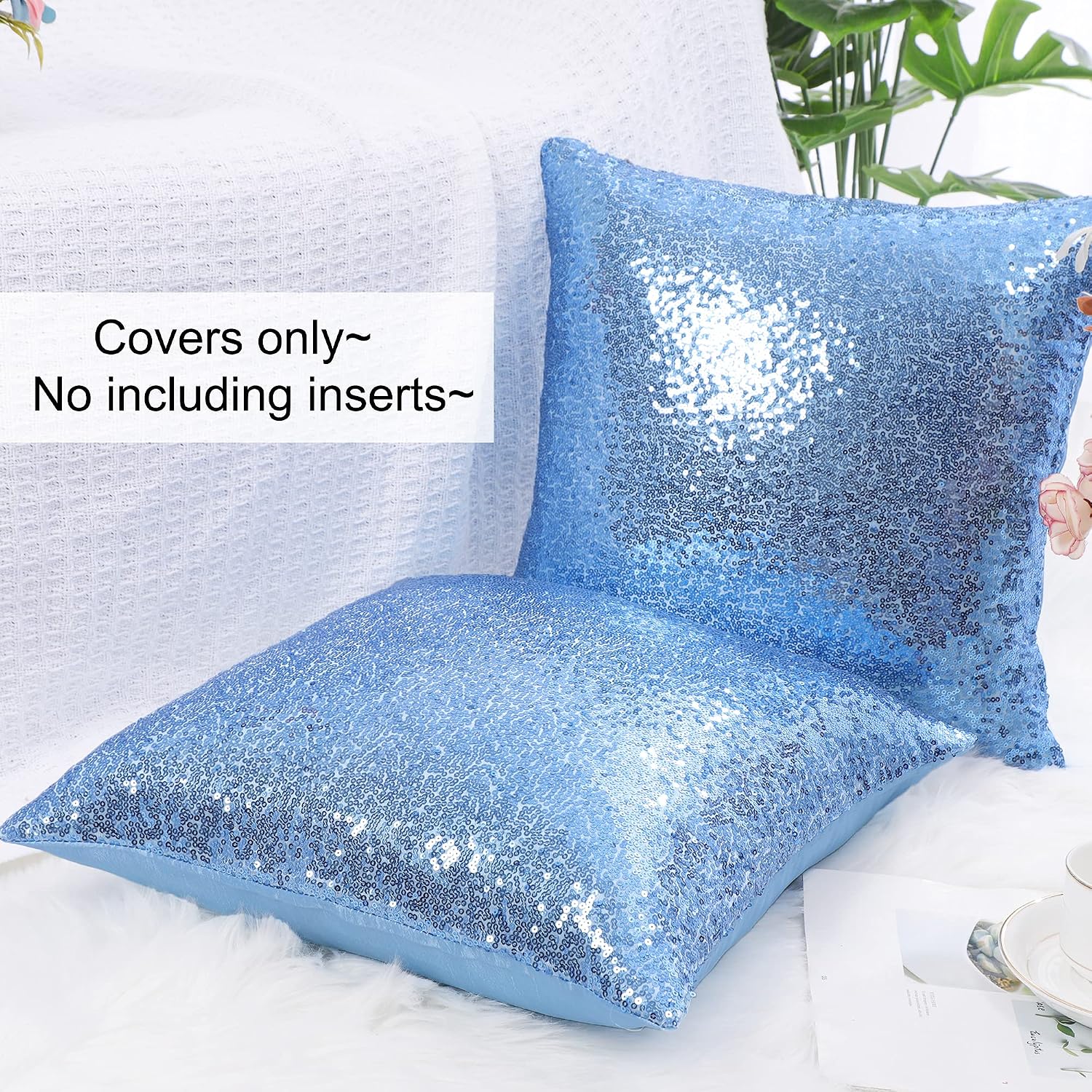 uxcell 2 Pcs Sequin Throw Pillow Covers, Shiny Sparkling Comfy Satin Cushion Covers, Decorative Pillowcases for Party/Christmas/Thanksgiving/New Year, 16 x 16 Inch, Sky Blue